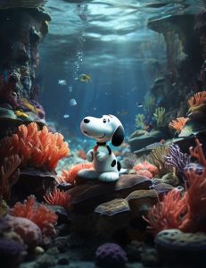 Default Snoopy as a whimsical underwater explorer navigating a 0
