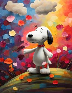 Default Whimsical Snoopy in a vibrant abstract garden dancing 0
